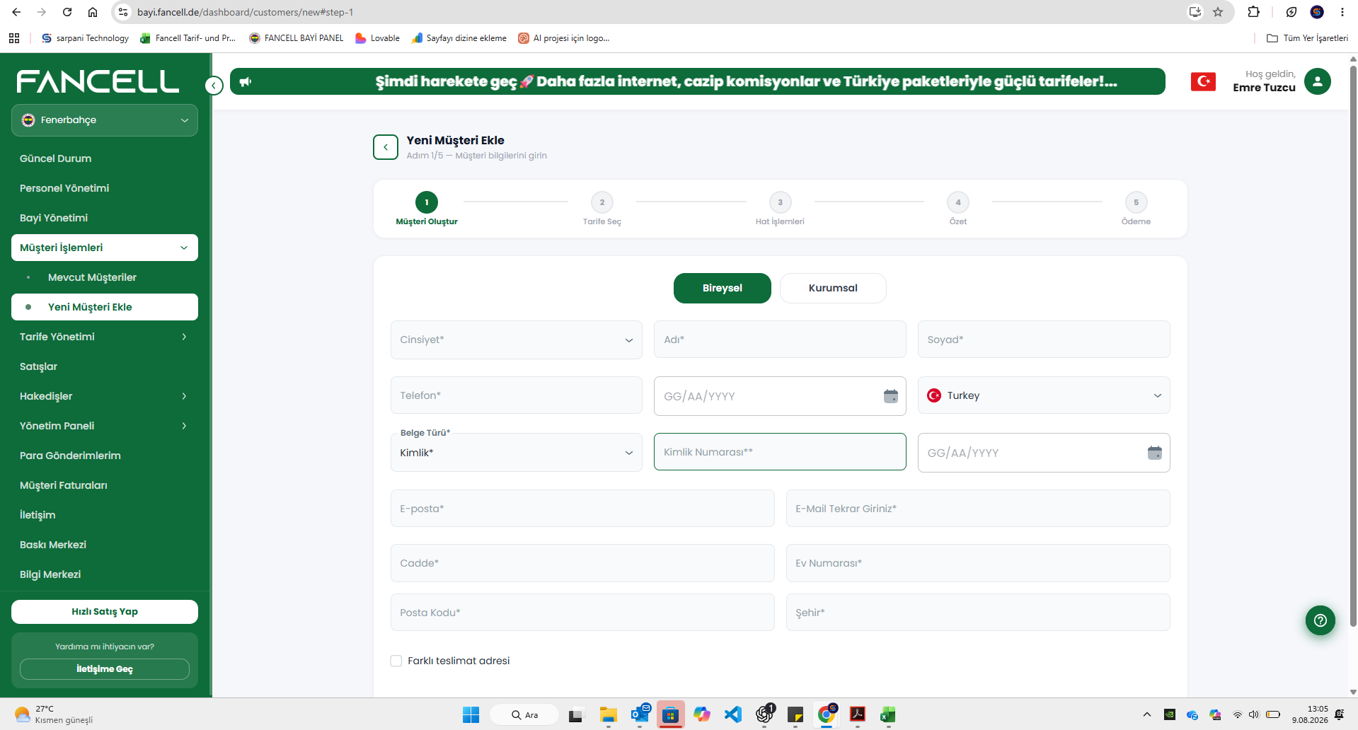 Fancell yeni müşteri oluşturma akışı